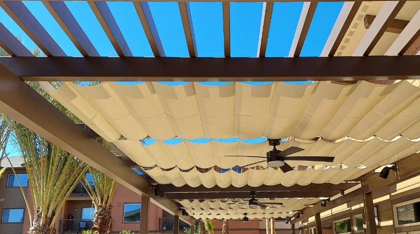  Looking up at a slide-wire awning installation